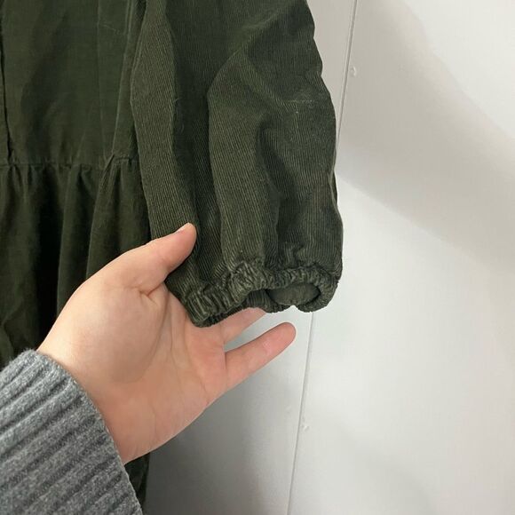 F&F Corduroy Olive Green Tiered Cotton Mini Dress Button Front Size 10 - Picture 2 of 9